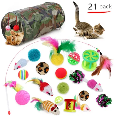 Amazon Hot Sell Pet Supplies Variety of Funny 21PCS Cat Toy Sets for Playing Feather Toys Cat Tunnel Ball Toy Pet Accessories